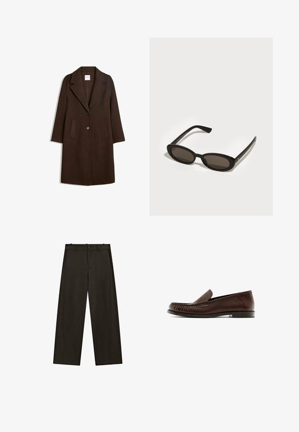 Brown wool blend coat with a notched lapel, two front pockets, and a single button closure. Straight cut with long sleeves.; Black turtleneck sweater in a soft knit fabric. Features long sleeves and ribbed cuffs and hem. Simple, classic design with no patterns.; Wide-leg trousers made of dark fabric, featuring a flat front with belt loops, two side pockets, and a classic button closure.; Brown leather loafers with a rounded toe and elastic goring. The shoe features decorative stitching and a flat, minimal heel.; Black sunglasses with oval, semi-rimless lenses. Glossy frames and sleek arms. Dark tinted lenses with minimal hardware details.; Dark brown leather handbag featuring a textured surface, two short handles, a buckle detail, and a structured shape.