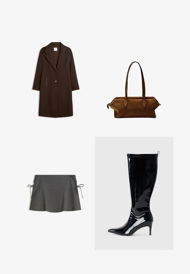 Brun ullblandad kappa med uppvikt krage, två framfickor och en enkel knappstängning. Rakt snitt med långa ärmar.; Svart långärmad stickad tröja med ribbade ärmslut och nederkant, rundad halsringning och en liten vit varumärkesetikett inuti kragen.; Grå randig kjol med sidofåror, band och en utsvängd silhuett. Tygstrukturen ser slät ut med en lätt lyster.; Svart lackläder knähög stövel med spetsig tå och smal hög klack. Har en bakre dragkedja och en slät, glänsande yta.; Brun mockaskinns-handväska med två raka handtag, rektangulär form och en stilren design. Har ett dragkedjestängning och subtila söm-accenter.