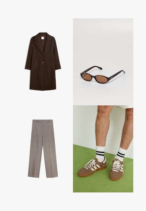 Brauner Wollmischungs-Mantel mit Schalkragen, zwei vorderen Taschen und einer einzelnen Knopfschließe. Gerader Schnitt mit langen Ärmeln.; Schwarzer, langärmeliger Strickpullover mit gerippten Bündchen und Saum, Rundhalsausschnitt und einem kleinen weißen Markenlabel im Kragen.; Hellbraune weit geschnittene Hose mit senkrechten Streifen, die eine glatte Textur und einen flachen Bund für eine figurbetonte Passform aufweist.; Braune Wildleder-Sneaker mit weißen Akzenten und Schnürsenkeln. Gummisohle in Kautschuk-Optik. Getragen mit weißen Socken, die schwarze Streifen haben. Grüner strukturierter Fußboden.; Schildpatt ovalen Sonnenbrillen mit braunen Gläsern, schräg gehalten, um das "QUAY"-Logo am rechten Gestell auf einem schlichten Hintergrund zu zeigen.; Liebeskind Berlin KAYLA SATCHEL - Handtasche - schwarz