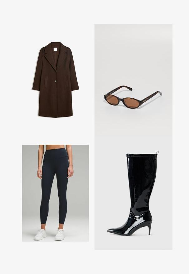 Manteau en mélange de laine marron avec un col cranté, deux poches avant et une fermeture à un bouton. Coupe droite avec manches longues.; Pull en tricot noir à manches longues avec des poignets et un ourlet côtelés, col ras du cou et une petite étiquette de marque blanche à l'intérieur du col.; Leggings taille haute et près du corps en bleu marine foncé, fabriqués à partir d'un tissu extensible. Présentent une texture lisse et sans motifs visibles ni accents.; Botte en cuir verni noir, hauteur genou, avec un bout pointu et un talon slim haut. Comprend une fermeture éclair à l'arrière et une texture lisse et brillante.; Lunettes de soleil en écaille de tortue, ovales, avec des verres marron, inclinées pour montrer le logo "QUAY" sur la branche droite, sur un fond uni.; Liebeskind Berlin KAYLA SATCHEL - Sac à main - schwarz