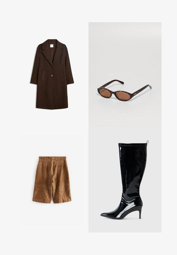 Brązowy płaszcz z mieszanki wełny z klapami, dwoma przednimi kieszeniami i zapięciem na jeden guzik. Prosty krój z długimi rękawami.; Czarny, długi sweter z dzianiny z ribbowanymi mankietami i dołem, okrągłym dekoltem oraz małą białą metką marki wewnątrz kołnierza.; Brązowe szorty z zamszu o luźnym kroju, z subtelnymi detalami szwów i średnio wysokim stanem. Gładka tekstura bez widocznych elementów metalowych.; Czarne lśniące skórzane kozaki do kolan z wąskim czubkiem i smukłym wysokim obcasem. Posiadają zamek błyskawiczny z tyłu oraz gładką, błyszczącą teksturę.; Okulary przeciwsłoneczne w kształcie owalu w kolorze tortoise z brązowymi soczewkami, ustawione pod kątem, aby pokazać logo "QUAY" na prawej świątyni na jednolitym tle.; Liebeskind Berlin KAYLA czarny