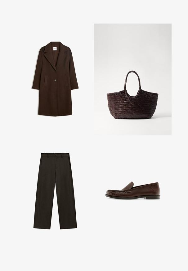 Cappotto in misto lana marrone con revers a punta, due tasche frontali e chiusura con un solo bottone. Taglio dritto con maniche lunghe.; Massimo Dutti RIBBED CREW NECK - Maglione - LIGHT BROWN; Pantaloni a gamba larga in tessuto scuro, con un frontale piatto con passanti per cintura, due tasche laterali e una chiusura con bottone classico.; Mocassini in pelle marrone con punta rotonda e elastiche laterali. La scarpa presenta cuciture decorative e un tacco piatto e minimalista.; Borsa tote intrecciata marrone con parte superiore arrotondata e due manici. Presenta un motivo testurizzato con una struttura ampia e aperta per un facile accesso.