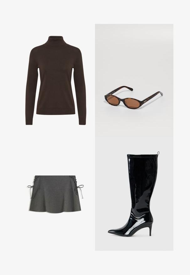 Brauner Wollmischungs-Mantel mit Schalkragen, zwei vorderen Taschen und einer einzelnen Knopfschließe. Gerader Schnitt mit langen Ärmeln.; Brauner Rollkragenpullover mit langen Ärmeln, körperbetontem Design und geripptem Struktur um den Kragen und die Bündchen.; Grauer gestreifter Rock mit seitlicher Raffung, Bändern und ausgestellter Silhouette. Die Textur des Stoffes wirkt glatt mit einem leichten Glanz.; Schwarze Lackleder-Knöchelstiefel mit spitzem Schuh und schlankem hohen Absatz. Verfügt über einen Reißverschluss an der Rückseite und eine glatte, glänzende Textur.; Schildpatt ovalen Sonnenbrillen mit braunen Gläsern, schräg gehalten, um das "QUAY"-Logo am rechten Gestell auf einem schlichten Hintergrund zu zeigen.; Liebeskind Berlin KAYLA SATCHEL - Handtasche - schwarz