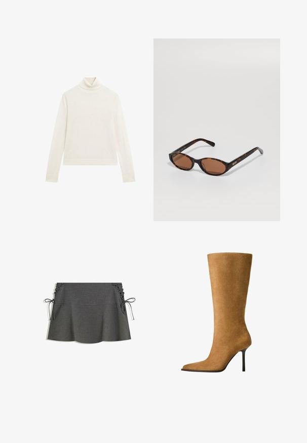 Brauner Wollmischungs-Mantel mit Schalkragen, zwei vorderen Taschen und einer einzelnen Knopfschließe. Gerader Schnitt mit langen Ärmeln.; Cremefarbener Rollkragenpullover aus weichem Stoff, mit langen Ärmeln, figurbetonter Silhouette und gerippten Bündchen, ohne Muster oder Verzierungen.; Grauer gestreifter Rock mit seitlicher Raffung, Bändern und ausgestellter Silhouette. Die Textur des Stoffes wirkt glatt mit einem leichten Glanz.; Knöchelhohe Wildlederstiefel in camel mit spitzem Zehenbereich und dünnem, hohen Absatz. Glatte Textur und elegante Silhouette mit minimaler Detailgestaltung.; Schildpatt ovalen Sonnenbrillen mit braunen Gläsern, schräg gehalten, um das "QUAY"-Logo am rechten Gestell auf einem schlichten Hintergrund zu zeigen.; Liebeskind Berlin KAYLA SATCHEL - Handtasche - schwarz