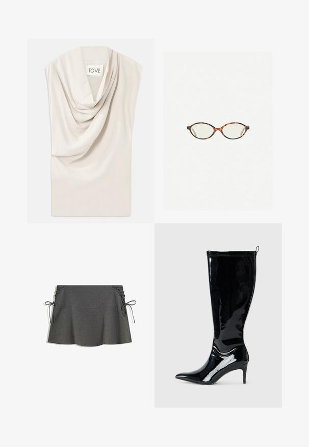 Brauner Wollmischungs-Mantel mit Schalkragen, zwei vorderen Taschen und einer einzelnen Knopfschließe. Gerader Schnitt mit langen Ärmeln.; Helle beigefarbene Bluse mit drapiertem Ausschnitt, aus weichem Stoff gefertigt. Verfügt über einen subtilen Glanz und ein breites, ärmelloses Design. Das Etikett trägt die Aufschrift "TOVE."; Grauer gestreifter Rock mit seitlicher Raffung, Bändern und ausgestellter Silhouette. Die Textur des Stoffes wirkt glatt mit einem leichten Glanz.; Schwarze Lackleder-Knöchelstiefel mit spitzem Schuh und schlankem hohen Absatz. Verfügt über einen Reißverschluss an der Rückseite und eine glatte, glänzende Textur.; Schildpatt-Eyegläser mit ovalen Gläsern und einer eleganten, glatten Oberfläche. Mit dünnen Seiten und einer subtilen Kurve an den Schläfen. Klare Gläser.; Liebeskind Berlin KAYLA SATCHEL - Handtasche - schwarz
