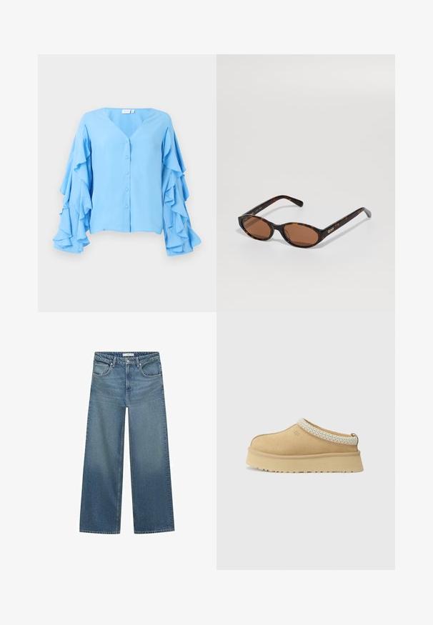 Brauner Wollmischungs-Mantel mit Schalkragen, zwei vorderen Taschen und einer einzelnen Knopfschließe. Gerader Schnitt mit langen Ärmeln.; Hellbluse mit V-Ausschnitt, dekoriert mit Knopfverschlüssen und langen Ärmeln, die mit gestuften Rüschen verziert sind. Weiche Stofftextur.; Helleblaue weit geschnittene Jeans aus Denim mit mittelhoher Taille, zwei Fronttaschen und klassischen Nähten.; Beige Wildleder Slipper mit gepolstertem Kragen und strukturiertem hellblauen Akzent. Verfügt über eine dicke, strapazierfähige Außensohle mit gemusterter Profilierung.; Schildpatt ovalen Sonnenbrillen mit braunen Gläsern, schräg gehalten, um das "QUAY"-Logo am rechten Gestell auf einem schlichten Hintergrund zu zeigen.; Braune Wildleder-Handtasche mit zwei geraden Griffen, rechteckiger Form und schickem Design. Verfügt über einen Reißverschlussverschluss und dezente Nähte.
