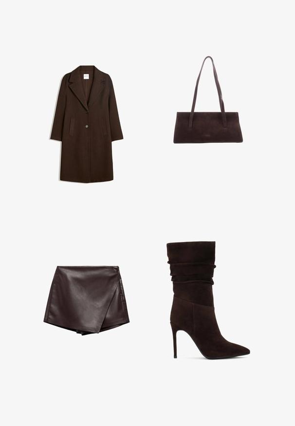 Bruine wolblendjas met een opstaande kraag, twee frontzakken en een enkele knoopsluiting. Rechte snit met lange mouwen.; Bruine off-the-shoulder top met lange mouwen, met een gedraaid stofontwerp en een zilveren hartvormige accent bij de hals.; Bruine faux leren wikkelrok met een gladde textuur en diagonale snit, met schone randen en een zijrits voor sluiting.; Bruine suède enkellaars met een slouchy bovenkant, puntige neus en hoge stiletto-hak. Heeft een gestructureerd oppervlak en een soepele silhouet.; Bruine suède handtas met een rechthoekige vorm, twee lange handvatten en minimale stiksels. Gladde textuur zonder zichtbare hardware of versieringen.