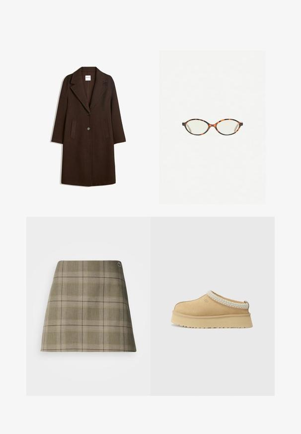 Bruine wolblendjas met een opstaande kraag, twee frontzakken en een enkele knoopsluiting. Rechte snit met lange mouwen.; Twee tanktops: de ene in donkerbruin met ribbelstructuur en brede banden, de andere in gebroken wit, van gladde stof met een vergelijkbaar ontwerp.; Geruite mini-rok in olijfgroen en beige, met een rechte snit, een subtiele textuur en een klein logo-accent bij de tailleband.; Tan suède instapschoen met een gevoerd kraagje en een gestructureerde lichtblauwe accent. Voorzien van een dikke, duurzame buitenzool met een patroon in de loop.; Kattenoogbril met ovale lenzen en een strakke, gladde afwerking. Heeft dunne zijkanten met een subtiele kromming bij de slapen. Transparante lenzen.