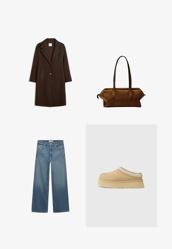 Brauner Wollmischungs-Mantel mit Schalkragen, zwei vorderen Taschen und einer einzelnen Knopfschließe. Gerader Schnitt mit langen Ärmeln.; Zwei Tanktops: eines in Dunkelbraun mit gerippter Textur und breiten Trägern, das andere in Cremefarbe, glattes Material mit ähnlichem Design.; Helleblaue weit geschnittene Jeans aus Denim mit mittelhoher Taille, zwei Fronttaschen und klassischen Nähten.; Beige Wildleder Slipper mit gepolstertem Kragen und strukturiertem hellblauen Akzent. Verfügt über eine dicke, strapazierfähige Außensohle mit gemusterter Profilierung.; Braune Wildleder-Handtasche mit zwei geraden Griffen, rechteckiger Form und schickem Design. Verfügt über einen Reißverschlussverschluss und dezente Nähte.