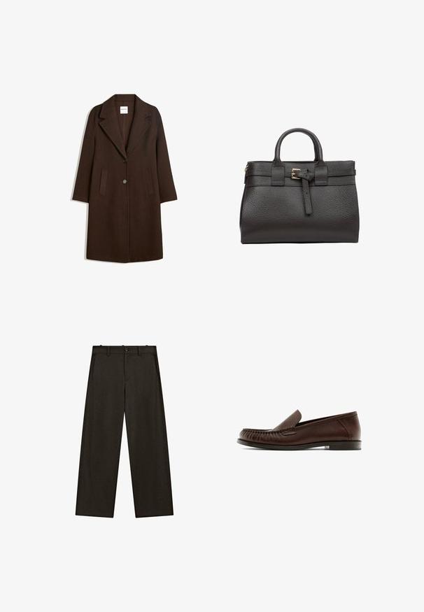 Bruine wolblendjas met een opstaande kraag, twee frontzakken en een enkele knoopsluiting. Rechte snit met lange mouwen.; Twee tanktops: de ene in donkerbruin met ribbelstructuur en brede banden, de andere in gebroken wit, van gladde stof met een vergelijkbaar ontwerp.; Wijduitlopende broeken van donkere stof, met een platte voorkant met riemlussen, twee zijzakken en een klassieke knoopsluiting.; Bruine leren loafers met een ronde neus en elastische inzetstukken. De schoen heeft decoratieve stiksels en een plat, minimalistisch hakje.; Donkerbruine leren handtas met een gestructureerd oppervlak, twee korte handvatten, een gespdetail en een gestructureerde vorm.