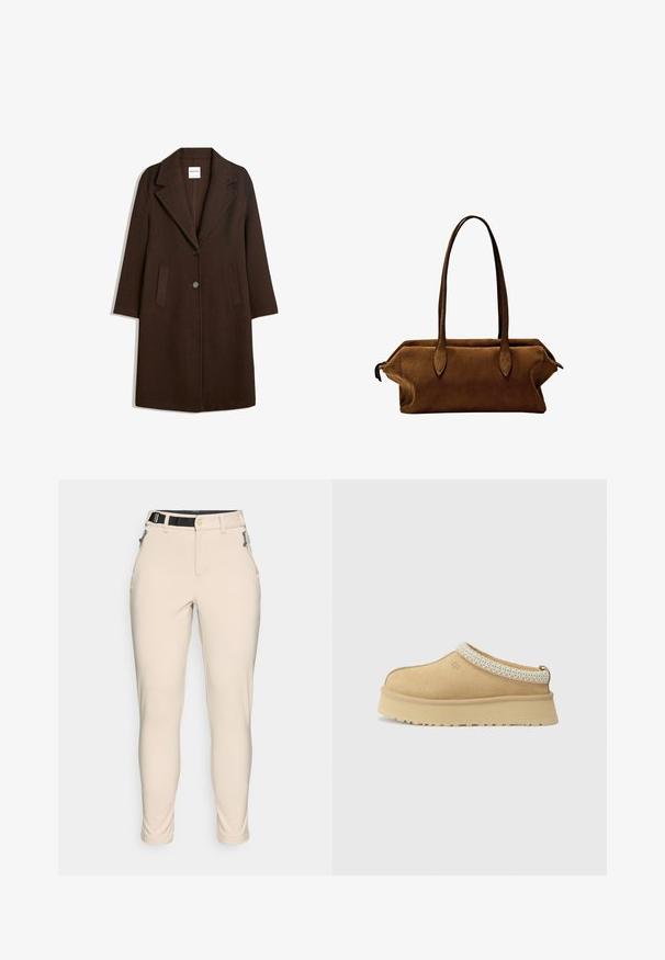 Brun uldblandingsfrakke med showsnedet revers, to frontlommer og en enkelt knaplukning. Ret snit med lange ærmer.; To indtoppe: en i mørkebrun med ribbet tekstur og brede stropper, den anden i off-white, glat stof med lignende design.; Beige, tætsiddende bukser lavet af et tekstureret stof. Har en sort justerbar talje og lynlåslommer på siderne.; Tan ruskind slip-on sko med en polstret krave og en tekstureret lyseblå accent. Har en tyk, holdbar ydersål med et mønstret slidbane.; Brun suedete taske med to lige håndtag, rektangulær form og slankt design. Har en lynlåslukning og diskrete sy accenter.