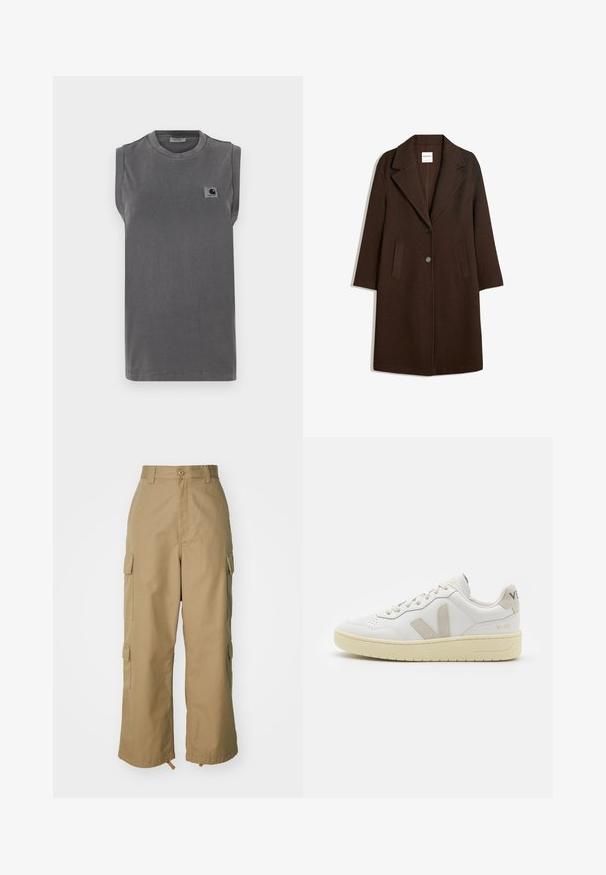 Rjav plaščič iz volnenega materiala s poševnim ovratnikom, dvema sprednjima žepoma in enim gumbom za zapiranje. Ravnilo kroj s dolgimi rokavi.; Sivá brezrokavnik iz mešanice bombaža. Ima okroglo ovratnico in majhen logotip na levi strani prsi.; Bežne cargo hlače z visokim pasom, širokimi nogami in štirimi velikimi stranskimi žepi. Narejene so iz trpežnega materiala z gladko teksturo in minimalnimi detajli.; Bela usnjena tenisača z bež semiš poudarki, perforiranim prednjim delom, ravnimi vezalkami in strukturiranim kremnim podplatom. Ima diskretno blagovno znamko na peti.