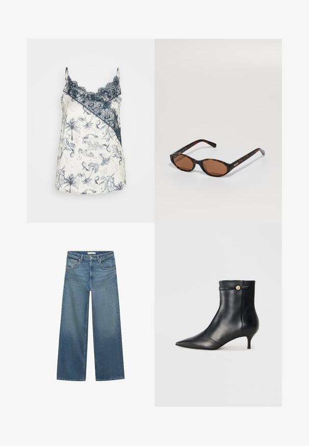 Bruine wolblendjas met een opstaande kraag, twee frontzakken en een enkele knoopsluiting. Rechte snit met lange mouwen.; Satin cami met marineblauwe kantafwerking, met een witte basis versierd met ingewikkelde blauwe tropische patronen, waaronder palmbomen en strand-elementen.; Lichtblauwe wijde jeans van denim, met een middelhoge taille, twee voorkruiszakken en klassieke stikdetails.; Zwarte leren enkellaars met een spitse neus en een kleine, taps toelopende hak. Voorzien van een decoratieve strap met een gouden knopaccent. Glad oppervlak.; Schildpad ovale zonnebril met bruine lenzen, gekanteld om het "QUAY" logo op de rechter poot tegen een effen achtergrond te laten zien.; Bruine suede handtas met twee rechte handvaten, rechthoekige vorm en een slank ontwerp. Heeft een ritsluiting en subtiele stiksels.