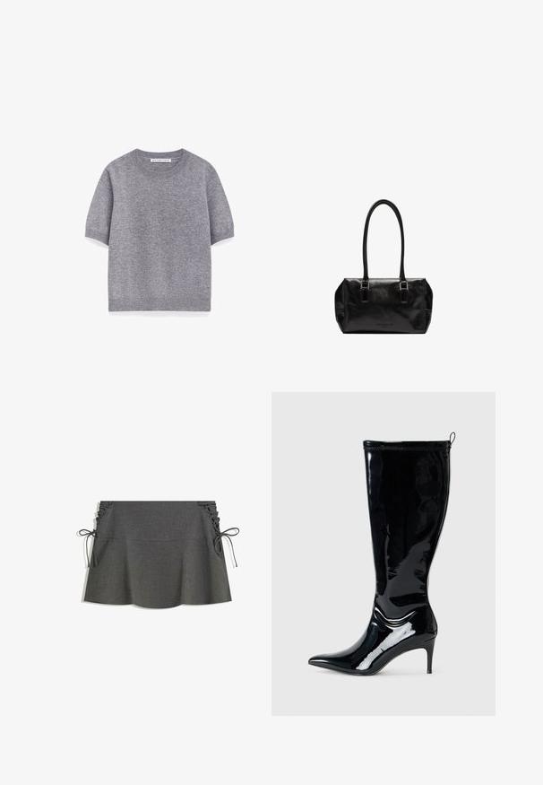 Brauner Wollmischungs-Mantel mit Schalkragen, zwei vorderen Taschen und einer einzelnen Knopfschließe. Gerader Schnitt mit langen Ärmeln.; Grau gestrickter Kurzarmpullover aus weichem Material, mit Rundhalsausschnitt und geripptem Saum. Einfaches Design ohne Muster oder Akzente.; Grauer gestreifter Rock mit seitlicher Raffung, Bändern und ausgestellter Silhouette. Die Textur des Stoffes wirkt glatt mit einem leichten Glanz.; Schwarze Lackleder-Knöchelstiefel mit spitzem Schuh und schlankem hohen Absatz. Verfügt über einen Reißverschluss an der Rückseite und eine glatte, glänzende Textur.; Liebeskind Berlin KAYLA SATCHEL - Handtasche - schwarz