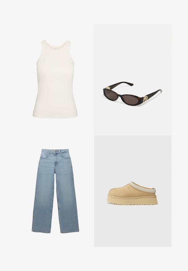 Hnedý kabát z vlnenej zmesi s klopovým golierom, dvoma prednými vreckami a jedným gombíkovým zapínaním. Priamy strih s dlhými rukávmi.; Biele tielko s elastickou rebrovanou tkaninou, s okrúhlym výstrihom a bezrukávovým dizajnom. Hladká textúra, priliehavý strih.; Svetlo modré široké džínsy vyrobené z bavlneného denimu, s piatimi vreckami, predným zapínaním na gombík a minimálnym obratom pozdĺž lemu.; Béžová semišová obuv na slip-on so vypolstrovaným golierom a textúrovaným svetlomodrým akcentom. Obsahuje hrubú, odolnú podrážku so vzorovaným dezénom.; Slnkové okuliare v korytnačkovom dizajne s predĺženými oválnymi šošovkami, hnedým tónovaním, zlatými logovými akcentmi na spánkoch a elegantnými čiernymi ramenami.