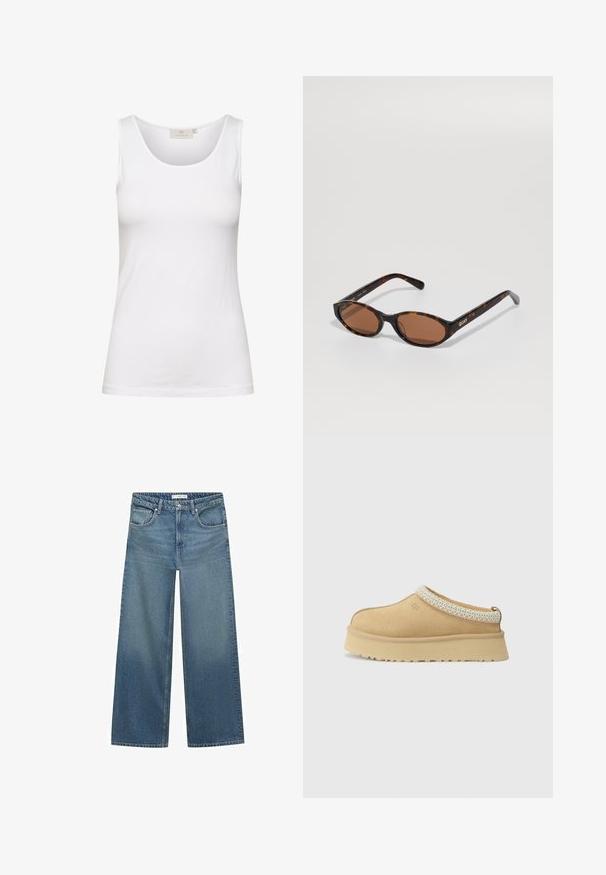 Brown wool blend coat with a notched lapel, two front pockets, and a single button closure. Straight cut with long sleeves.; White cotton tank top with a scoop neckline and slim fit. Shows smooth texture and minimal stitching, suitable for layering.; Light blue wide-leg jeans made from denim, featuring a mid-rise waist, two front pockets, and classic stitching details.; Tan suede slip-on shoe with a padded collar and textured light blue accent. Features a thick, durable outsole with a patterned tread.; Tortoiseshell oval sunglasses with brown lenses, angled to show the "QUAY" logo on the right temple against a plain background.; Brown suede handbag with two straight handles, rectangular shape, and sleek design. Features a zip closure and subtle stitching accents.