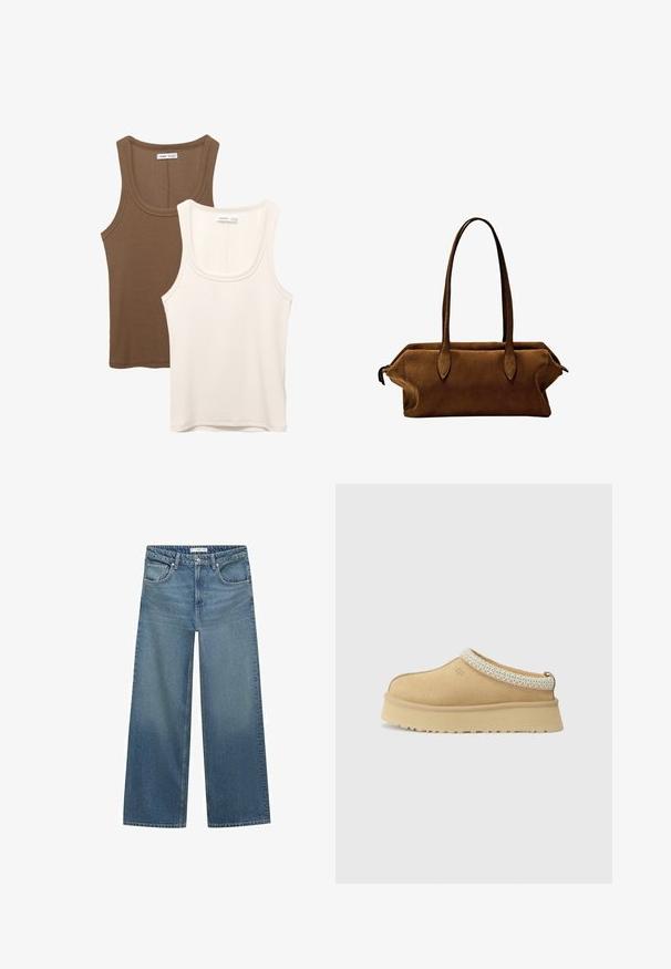 Brown wool blend coat with a notched lapel, two front pockets, and a single button closure. Straight cut with long sleeves.; Two tank tops: one in dark brown with ribbed texture and wide straps, the other in off-white, smooth fabric with similar design.; Light blue wide-leg jeans made from denim, featuring a mid-rise waist, two front pockets, and classic stitching details.; Tan suede slip-on shoe with a padded collar and textured light blue accent. Features a thick, durable outsole with a patterned tread.; Brown suede handbag with two straight handles, rectangular shape, and sleek design. Features a zip closure and subtle stitching accents.