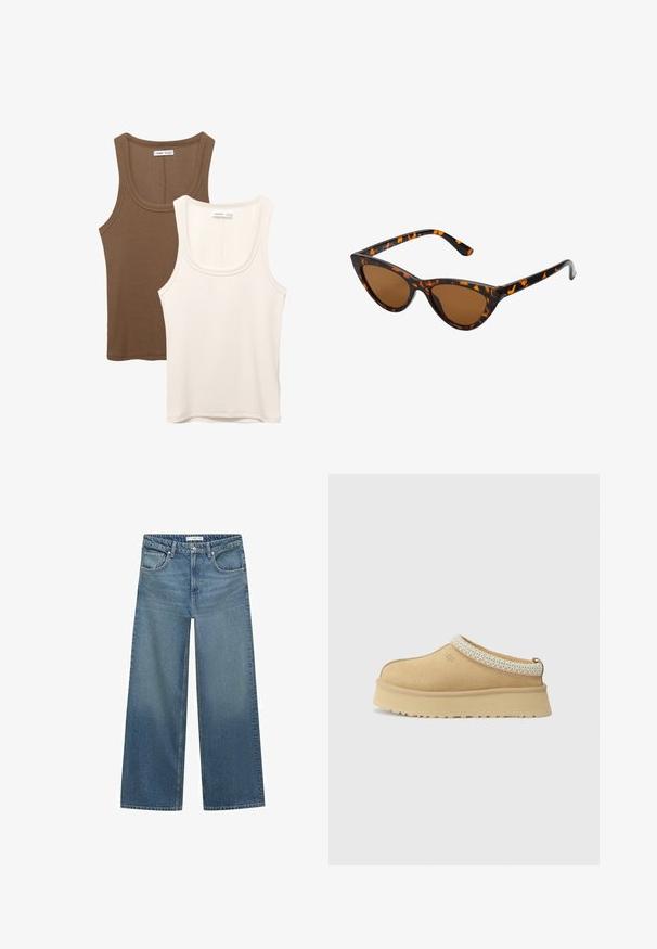 Brun uldblandingsfrakke med showsnedet revers, to frontlommer og en enkelt knaplukning. Ret snit med lange ærmer.; To indtoppe: en i mørkebrun med ribbet tekstur og brede stropper, den anden i off-white, glat stof med lignende design.; Lysblå vid ben jeans lavet af denim, med mellemhøj talje, to frontlommer og klassiske syninger.; Tan ruskind slip-on sko med en polstret krave og en tekstureret lyseblå accent. Har en tyk, holdbar ydersål med et mønstret slidbane.; Kat-ejede solbriller med en sort og orange skildpaddemønstret stel, brune linser og slanke, spidse ender. Har et minimalistisk logo på skabelsen.; Brun suedete taske med to lige håndtag, rektangulær form og slankt design. Har en lynlåslukning og diskrete sy accenter.