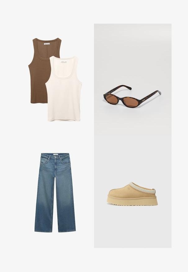 Brun uldblandingsfrakke med showsnedet revers, to frontlommer og en enkelt knaplukning. Ret snit med lange ærmer.; To indtoppe: en i mørkebrun med ribbet tekstur og brede stropper, den anden i off-white, glat stof med lignende design.; Lysblå vid ben jeans lavet af denim, med mellemhøj talje, to frontlommer og klassiske syninger.; Tan ruskind slip-on sko med en polstret krave og en tekstureret lyseblå accent. Har en tyk, holdbar ydersål med et mønstret slidbane.; Skildpadde-mønstret ovale solbriller med brune linser, vinklet for at vise "QUAY" logoet på den højre stang mod en ensfarvet baggrund.; Brun suedete taske med to lige håndtag, rektangulær form og slankt design. Har en lynlåslukning og diskrete sy accenter.