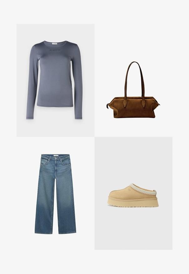 Cappotto in misto lana marrone con revers a punta, due tasche frontali e chiusura con un solo bottone. Taglio dritto con maniche lunghe.; Maglietta grigia a maniche lunghe realizzata in materiale morbido, con un colletto rotondo e la parola "BLANCHE" stampata in nero sul petto.; Jeans a gamba larga di colore blu chiaro realizzati in denim, con vita a media altezza, due tasche frontali e dettagli di cucitura classici.; Scarpa slip-on in suede color sabbia con colletto imbottito e accento in tessuto blu chiaro testurizzato. Presenta una suola spessa e resistente con battistrada decorato.; Borsa a tracolla in suede marrone con due manici dritti, forma rettangolare e design elegante. Presenta una chiusura a zip e sottili dettagli di cucitura.