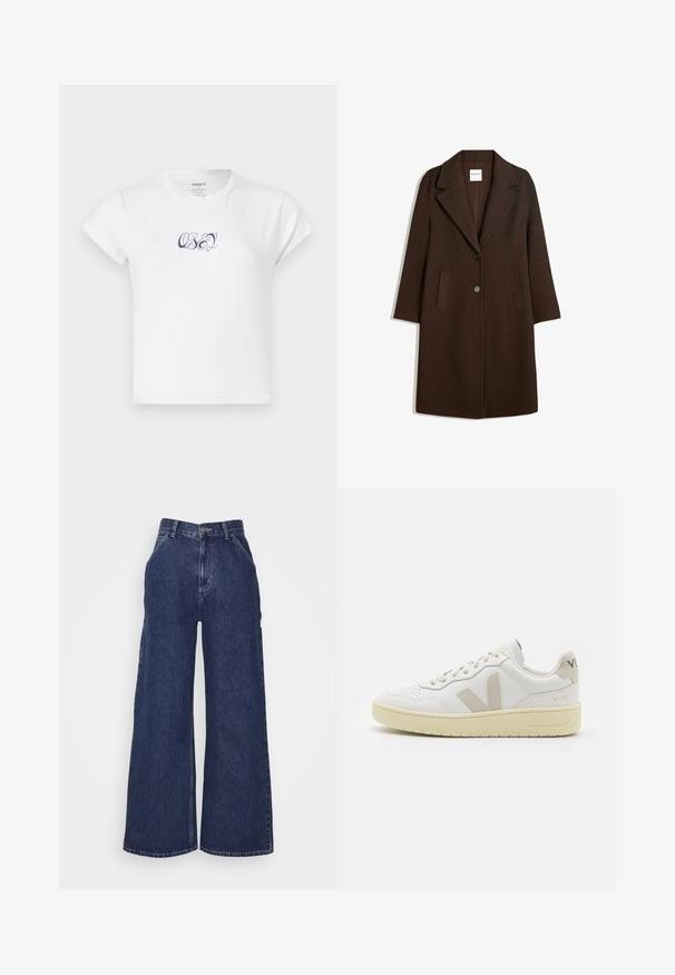 Rjav plaščič iz volnenega materiala s poševnim ovratnikom, dvema sprednjima žepoma in enim gumbom za zapiranje. Ravnilo kroj s dolgimi rokavi.; Bela bombažna majica s kratkimi rokavi in okroglim izrezom, na sprednji strani zatemnjen modri grafični napis "OBEY". Gladka tekstura.; Široke jeans hlače iz temno modrega denima, z visokim pasom, sprednjimi žepi in zadrgo z kovinsko gumbom. Gladka tekstura in klasičen dizajn.; Bela usnjena tenisača z bež semiš poudarki, perforiranim prednjim delom, ravnimi vezalkami in strukturiranim kremnim podplatom. Ima diskretno blagovno znamko na peti.