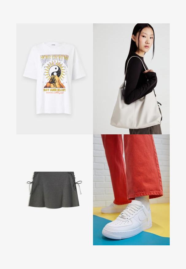 Brun ullblandad kappa med uppvikt krage, två framfickor och en enkel knappstängning. Rakt snitt med långa ärmar.; Vit bomull t-shirt med en grafisk tryck av en sol och berg med texten "NJUT VARJE DAG" och "DAG OCH NATT" i färgglada, fetstilsbokstäver.; Grå randig kjol med sidofåror, band och en utsvängd silhuett. Tygstrukturen ser slät ut med en lätt lyster.; Vita lädersneakers med perforerat tåparti, texturerad sula och vita snören, kombinerat med vida röda byxor och en blå och gul bakgrund.; Beige handväska tillverkad av mjukt material, med en avslappnad design, sydda detaljer och två axelremmar. Lämplig för dagligt bruk.