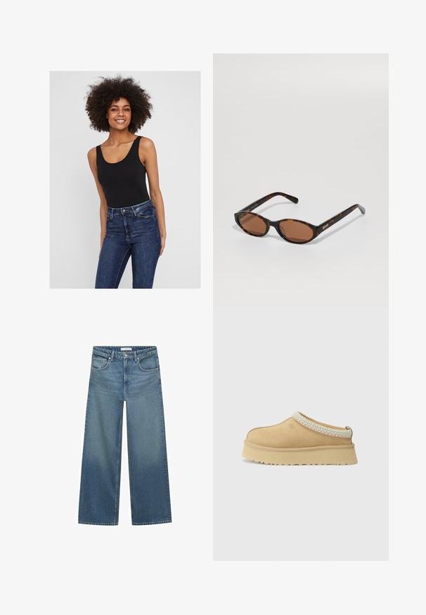 Brauner Wollmischungs-Mantel mit Schalkragen, zwei vorderen Taschen und einer einzelnen Knopfschließe. Gerader Schnitt mit langen Ärmeln.; Schwarzer ärmelloser Bodysuit mit rundem Ausschnitt, kombiniert mit dunkelblauer Jeans. Glatte Stoffqualität mit figurschnittbetonter Passform und minimalen Details.; Helleblaue weit geschnittene Jeans aus Denim mit mittelhoher Taille, zwei Fronttaschen und klassischen Nähten.; Beige Wildleder Slipper mit gepolstertem Kragen und strukturiertem hellblauen Akzent. Verfügt über eine dicke, strapazierfähige Außensohle mit gemusterter Profilierung.; Schildpatt ovalen Sonnenbrillen mit braunen Gläsern, schräg gehalten, um das "QUAY"-Logo am rechten Gestell auf einem schlichten Hintergrund zu zeigen.; Braune Wildledertasche mit einem silbernen Reißverschluss, die eine weite Öffnung und ein glattes schwarzes Innenfutter bietet, mit feinen Nähten und Texturdetails.