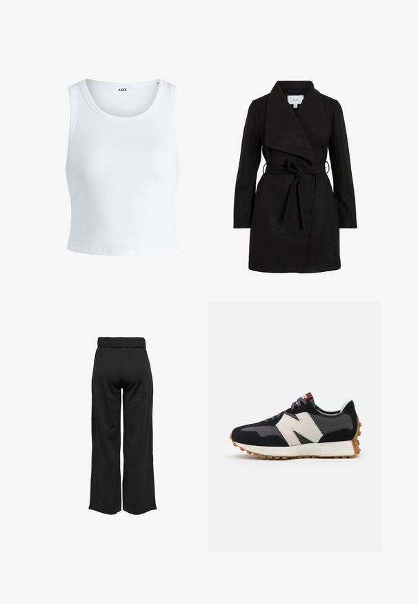 Mustat trench-takit, joissa on kietaisumuotoilu, ylisuuria kaulus, vyöllinen vyötärö ja kaksi sivutaskua. Valmistettu tekstuurikankaasta lämpöä ja tyyliä varten.; Valkoinen ribbattu hihaton toppi, jossa on pyöreä pääntie ja lyhyt malli. Tunnuslukuna lukee "JJXX". Sujuva kangas.; Mustat, leveälahkeiset housut, joissa on joustava vyötärö, valmistettu sileästä kankaasta. Ominaisuuksia ovat puhdas muotoilu ilman taskuja tai näkyviä ompelusaumoja.; Mustat ja harmaat mokkakenkä, jossa on suuri kermanvärinen "N"-logo, violetit nauhat ja teksturoitu kumipohja.