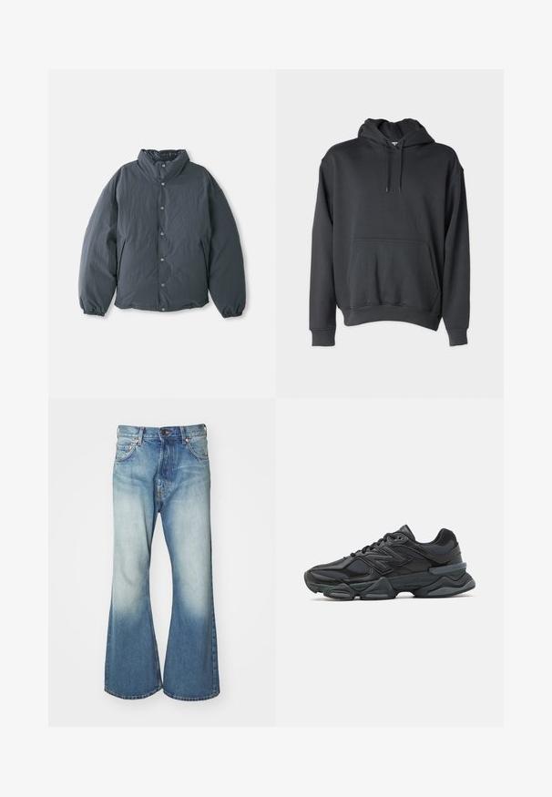 Paminkštintas tamsiai pilkas švarkas su aukštu apykakle, priekyje užsegamas mygtukais ir elastinėmis rankovėmis. Lygus paviršius su lengvu dizainu.; Tamsiai pilka džemperis, pagamintas iš švelnios medžiagos, su priekyje esančia kišenę, kapuche esančiomis raištelėmis ir raukšlėmis ant rankovių bei apačios.; Weekday TIME LOOSE - Tiesaus kirpimo džinsai - blue; Juodas bėgimo batelis, pagamintas iš tinklinės ir sintetinės medžiagos, turintis stambų pado dizainą, kreivą formą ir ryškią prekės ženklą šone.