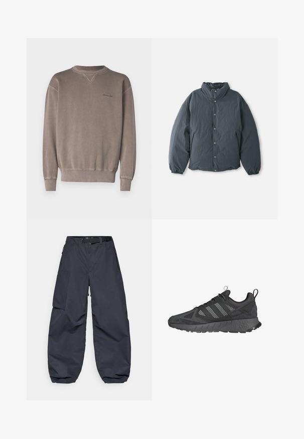 Pěněný, tmavě šedý kabát s vysokým límcem, předním zapínáním na knoflíky a elastickými manžetami. Hladká textura s lehkým designem.; Element CORNELL - Mikina - light brown; Tmavě šedé cargo kalhoty vyrobené z měkkého, odolného materiálu. Mají široký, volný střih, několik kapes a pásek na úpravu pasu.; Černé sportovní boty s vrchní částí z prodyšné síťoviny a semiše, texturovanou gumovou podrážkou, polstrovaným límcem a výrazným designem s třemi proužky ve šedé barvě.