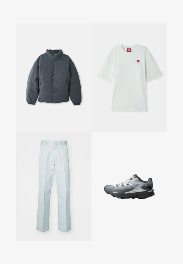 Veste rembourrée gris foncé avec un col haut, fermeture à boutons sur le devant et poignets élastiques. Texture lisse avec un design léger.; T-shirt à manches courtes vert clair en coton doux, arborant une petite étiquette logo rouge sur la zone gauche de la poitrine. Coupe décontractée et col rond.; Pantalons en coton bleu clair avec une coupe droite, présentant des plis subtils et une texture lisse, finition avec une taille standard.; Chaussure de trail running avec un schéma de couleurs gris et noir, tige en mesh, semelle robuste et accents texturés pour une meilleure adhérence.