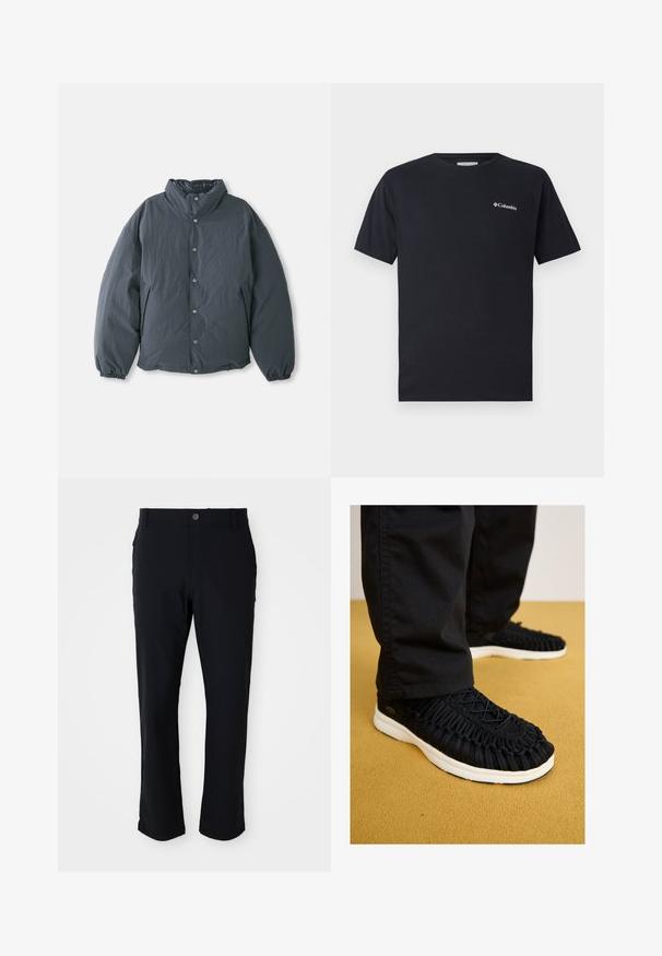 Gepolsterte, dunkelgraue Jacke mit hohem Kragen, vorderem Knopfverschluss und elastischen Bündchen. Glatte Textur mit leichtem Design.; Schwarzes T-Shirt mit kurzen Ärmeln aus Baumwolle, das ein kleines weißes Columbia-Logo auf der linken Brustseite aufweist. Klassischer Rundhalsausschnitt und entspannte Passform.; Schwarze Hose mit Knopfverschluss, geradem Bein, glatter Textur und seitlichen Taschen, geeignet für verschiedene Anlässe.; Schwarzer Sneaker mit geflochtenem Obermaterial, runder Zehenpartie und weißer Sohle. Schnürsystem oben und detaillierte Textur über den gesamten Schuh.