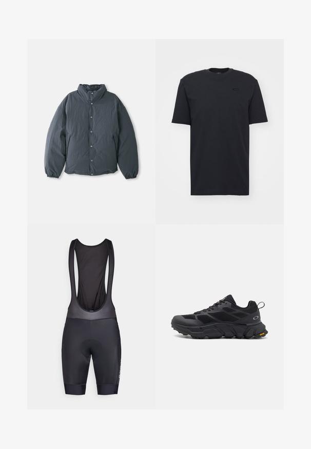 Casaco acolchoado, cinza escuro, com um alto colarinho, fecho frontal com botões e punhos elásticos. Textura suave com um design leve.; T-shirt preta de algodão de manga curta com decote redondo, apresentando um detalhe discreto do logo no peito e um corte descontraído.; Bermudas de ciclismo pretas com um design sem mangas, costas em malha, inserção almofadada e aberturas elásticas nas pernas para conforto e suporte.; Sapatos atléticos pretos com uma sola volumosa, parte superior em malha e sintético, acabamentos texturizados e marca Vibram na sola.
