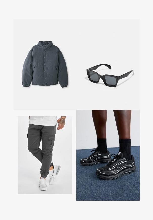 Padded, dark gray jacket with a high collar, front button closure, and elastic cuffs. Smooth texture with a lightweight design.; Black oversized t-shirt made of ribbed fabric. Round neck, short sleeves, and a relaxed fit with a straight hem. Simple and versatile design.; Gray cargo pants with multiple pockets, tapered leg, and adjustable cuffs, paired with white sneakers with black accents and clear soles.; Black Nike shoes feature a mesh upper with accent stripes, textured lacing, and a black rubber sole. Worn with black ribbed socks.; Black rectangular sunglasses with dark lenses. Plastic frame with a glossy finish, featuring a wide bridge and slightly tapered arms.