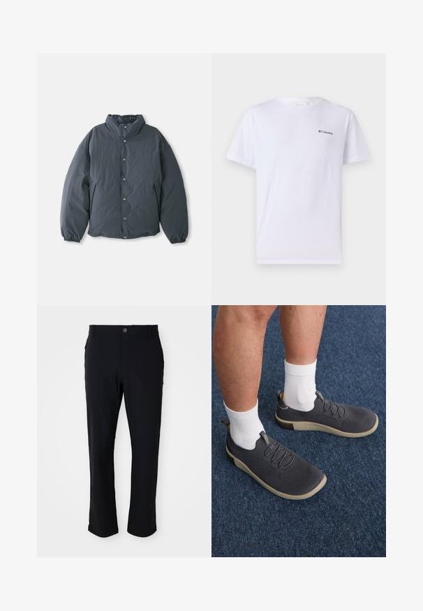 Párnázott, sötétszürke dzseki magas gallérral, elöl gombos záródással és rugalmas mandzsettákkal. Simaszerű textúra és könnyű kialakítás jellemzi.; Fehér pamut póló, kerek nyakkivágással és rövid ujjal, bal mellrészen egy kis fekete Columbia logóval.; Fekete nadrág, amely gombos záródással, egyenes lábbal, sima textúrával és oldalsó zsebekkel rendelkezik, különböző alkalmakhoz megfelelő.; Sötétszürke, textil sportcipők légáteresztő felsőrésszel, rugalmas fűzőkkel és könnyű gumitalppal. Fehér zoknival viselve, kék szőnyegen.