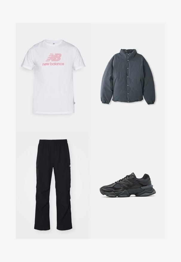 Pehmeä, tummanharmaa takki, jossa on korkea kaulus, edessä nappikiinnitys ja joustavat hihansuut. Sujuva tekstuuri ja kevyt muotoilu.; Valkoinen puuvillainen t-paita pyöreällä kauluksella. Edessä on vaaleanpunainen "new balance" -graafinen logo. Lyhyet hihat ja suora helma.; Mustat cargo-housut, jotka on valmistettu kevyestä materiaalista. Niissä on joustava vyötärö, sivutaskut ja suorat lahkeet.; Musta juoksukenkä, jossa on yhdistelmä verkko- ja synteettisiä materiaaleja, paksu pohja, kaareva muotoilu ja näkyvä brändäys sivussa.