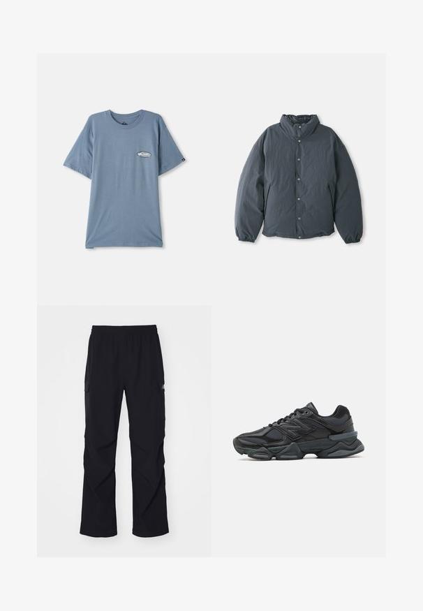 Gevoerde, donkergrijze jas met een hoge kraag, een voorste knoopsluiting en elastische manchetten. Glad oppervlakte met een lichtgewicht ontwerp.; Blauwe katoenen t-shirt met korte mouwen, ronde hals, en een kleine logo-opdruk op de linkerborst. Zachte textuur, ontspannen pasvorm.; Zwarte cargo broek van lichtgewicht materiaal, met een elastische tailleband, zijzakken en een recht gesneden ontwerp.; Zwarte hardloopschoen met een mix van mesh en synthetische materialen, een stevige zool, gebogen ontwerp en prominente branding op de zijkant.