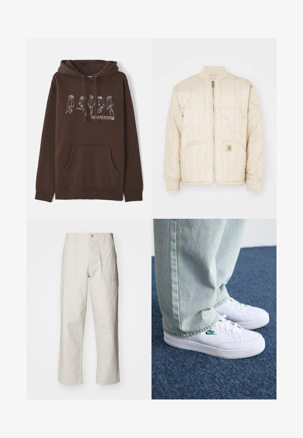 Lichtbeige bomberjack met een ritssluiting aan de voorkant, ribbelkraag en -manchetten, twee zakken en verticale stikpatronen. Carhartt-logo op de zak.; Bruine hoodie met een trekkoordcapuchon, een voorkatoen, en een ontwerp in witte lijntekeningen die figuren weergeven. Bevat het logo "KID SUPER STUDIOS".; Lichtbeige wijde broek van katoen. Voorzien van steekzakken en een knoopsluiting. Glad textuur met subtiele verticale lijnen.; Witte leren sneakers met groen Nike-logo, ronde neus, platte zool, gedragen met lichtblauwe denim broek, weergegeven op een blauwe vloerkleed.