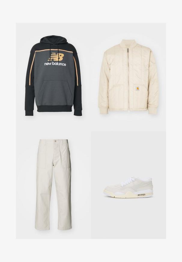 Chaqueta bomber de color beige claro con cremallera frontal, cuello y puños de canalé, dos bolsillos y patrones de costura vertical. Logo de Carhartt en el bolsillo.; Sudadera con capucha de color gris oscuro con acentos negros, cuenta con un bolsillo frontal tipo canguro y un gran logo de "New Balance" en blanco y dorado.; Pantalones de pierna ancha color beige claro, hechos de algodón. Cuentan con bolsillos frontales y cierre de botón. Textura suave con sutiles líneas verticales.; Zapatillas con una parte superior sintética beige clara, cordones blancos y acolchado visible. Presentan una suela suave y acentos sutiles en los laterales.