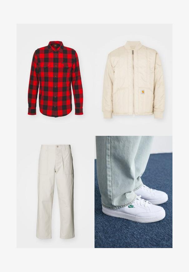 Šviesiai smėlio spalvos bombonešis su priekiniais užtrauktukais, šonkačio apykakle ir rankogaliais, dviem kišenėmis ir vertikaliomis siuvimo linijomis. Carhartt logotipas ant kišenės.; Raudona ir juoda languota flanelinė marškinė, ilgomis rankovėmis, su mygtukais, dviem krūtinės kišenėmis, audinys yra minkštas ir švelnus.; Šviesiai pilki plačius kelnes, pagamintas iš medvilnės. Yra priekinės kišenės ir mygtuko uždarymas. Lygus paviršius su subtiliomis vertikaliomis linijomis.; Balti odiniai sportbačiai su žaliu Nike logotipu, apvalia nosimi, plokščiu padu, derinami su šviesiai mėlynomis džinsinėmis kelnėmis, rodomi ant mėlynos kiliminės dangos.
