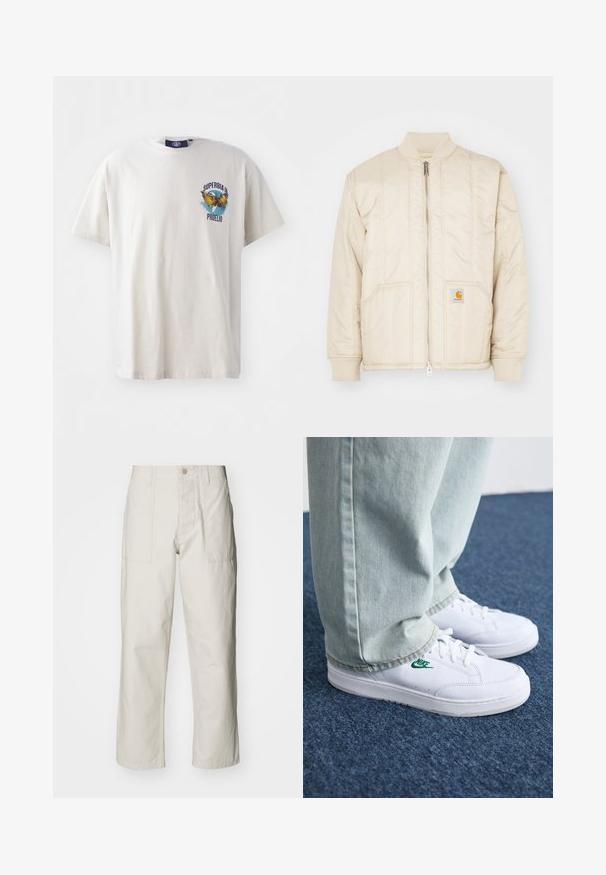 Svetlo bež bomber jakna s sprednjim zadrgo, rebrastim ovratnikom in manšetami, dvema žepoma in navpičnimi šivi. Carhartt logo na žepu.; Kremna bombažna majica s kratkimi rokavi, ki ima barvno grafiko orla in besedilo "SUPERBIA IN PROELIO" na levem prsnem delu.; Svetlo bež široke hlače iz bombaža. Imajo sprednje žepe in gumbasto zapiranje. Gladka tekstura z subtilnimi navpičnimi črtami.; Bela usnjena športna obutev z zelenim Nike logotipom, okrogla konica, ravna podplat, v kombinaciji z svetlo modrimi kavbojkami, prikazana na modrem preprogu.