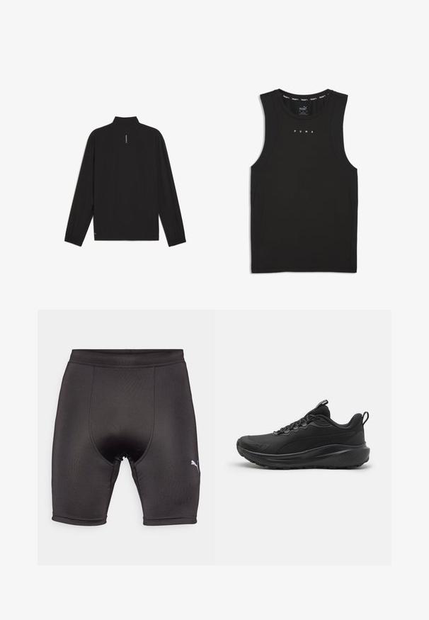 Sort langærmet jakke med opretstående krave, der har elastiske manchetter, en lige kant og en lodret hvid logo-detalje på ryggen.; Sort ærmeløs sports tanktop lavet af glat stof. Har PUMA-logo i hvid, rund hals og meshed sideskærme for åndbarhed.; Sorte atletiske shorts lavet af glat, strækbart stof. Har et tætsiddende design, forstærkede syninger og et lille hvidt logo på nederste venstre side.; Sorte sportssko med en tekstureret mesh-overdel, polstret krave, snørebånd og en gummisål. Har et strømlinet design og en robust konstruktion.