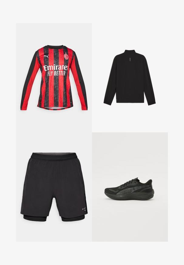 Zwarte lange mouwen jack met een opstaande kraag, afgewerkt met elastische manchetten, een rechte zoom en een verticale witte logo-detail op de rug.; Rode en zwarte long-sleeve voetbalshirt met een gestructureerd streepdessin, voorzien van een ronde hals en een logo aan de voorkant "Emirates Fly Better."; Zwarte sportshorts met een gelaagd ontwerp, voorzien van een gladde buitenstof, elastische tailleband en een binnenste mesh-voering. Merken aan de zijkant.; Zwarte sportieve schoen met een gestructureerde mesh bovenkant, platte veters en een gevoerde zool met subtiele reflecterende accenten.