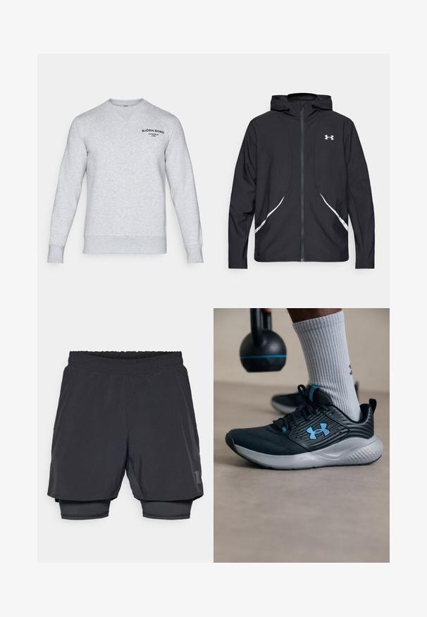 Black zip-up hooded jacket with white accents and logo, featuring long sleeves and a sleek, smooth fabric texture.; Light gray sweatshirt made of soft material. Features a V-neck design, ribbed cuffs, and a small black logo printed on the upper left side.; Black athletic shorts with an elastic waistband, layered design, and a fitted inner lining. Features a subtle logo on the lower side.; Black athletic shoe with blue accents, textured upper, and gray sole. Worn with gray ribbed socks, beside a black kettlebell.