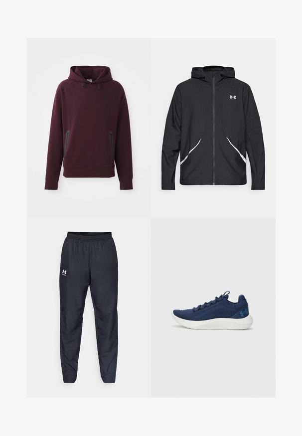 Veste à capuche noire zippée avec accents et logo blancs, dotée de manches longues et d'une texture de tissu lisse et élégante.; Sweatshirt à capuche bordeaux en tissu doux, avec une poche kangourou dotée de zips sur les côtés et des accents noirs. Manches et ourlet côtelés.; Pantalons de sport noirs avec une taille élastique, des jambes fuselées et un logo blanc sur le côté. Fabriqués en tissu léger et durable.; Baskets de course navy avec une tige en tricot texturé, semelle intermédiaire blanche et accent de logo. Présente un profil bas et un design à lacets.