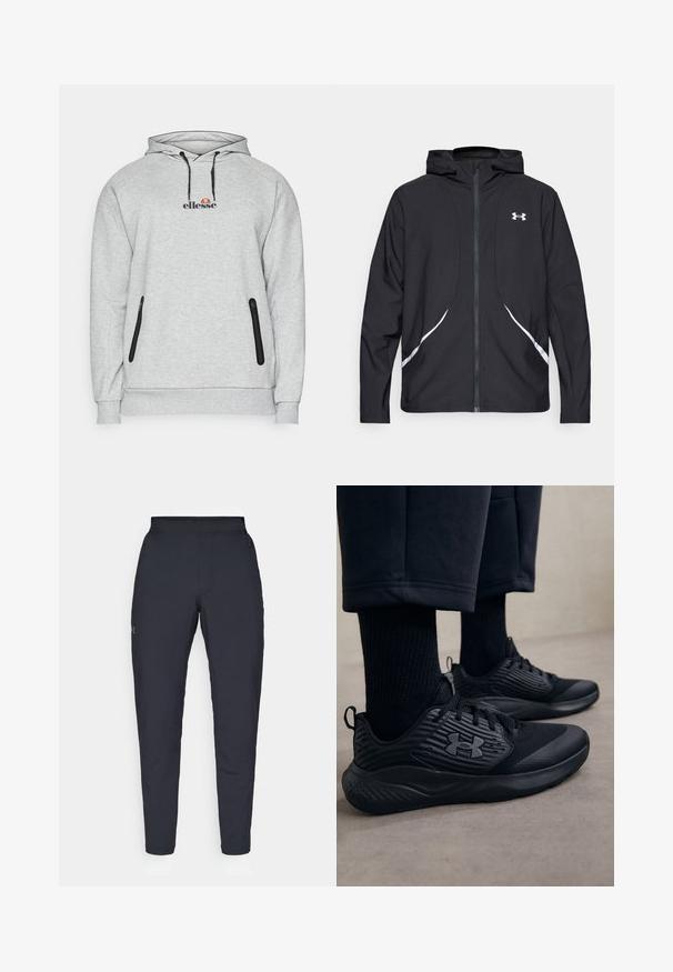 Črna jakna s kapuco na zadrgo z belimi poudarki in logotipom, z dolgimi rokavi in gladko, sijočo tkanino.; Siva kapuca s prednjim logotipom, kapuljača sa vezicama i dva crna zip zadrže džepa. Napravljena od mekane tkanine s rebrastim rukavima i donjim rubom.; Črne atletske hlače z gladko teksturo, ožjega kroja, elastičnim pasom in stranskimi žepi. Imajo majhen logotip na levem stegnu.; Oseba nosi črne atletske superge z teksturirano stranjo in logotipom, v kombinaciji s črnimi nogavicami in skrajšanimi hlačami na svetli podlagi.