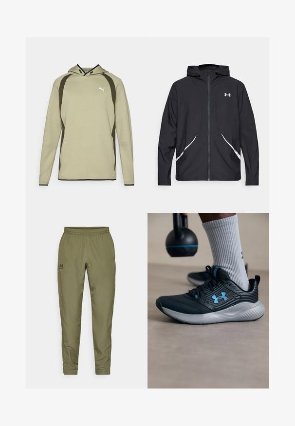 Zwarte capuchonjas met ritssluiting, witte accenten en logo, voorzien van lange mouwen en een gladde, soepele stoftextuur.; Lichtgroene hoodie met een kangoeroezak, zwarte accenten langs de zijkanten en onderrand, en een wit logo op de borst. Zacht, textuurmateriaal.; Olijfgroene sportbroek met een elastische tailleband, taps toelopende pijpen, een gladde textuur en een klein zwart logo aan de linkerzijde.; Zwarte sportschoen met blauwe accenten, gestructureerde bovenkant en grijze zool. Draagt met grijze geribbelde sokken, naast een zwarte kettlebell.