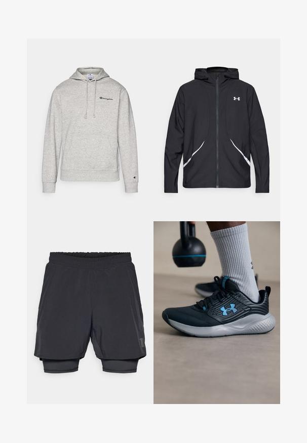 Zwarte capuchonjas met ritssluiting, witte accenten en logo, voorzien van lange mouwen en een gladde, soepele stoftextuur.; Grijze hoodie met een trekkoord, kangoeroezak en geborduurd logo op de borst. Katoenmix stof met geribbelde manchetten en onderrand.; Zwarte sportshorts met een elastische tailleband, gelaagd ontwerp en een aansluitende binnenvoering. Bevat een subtiele logo aan de onderkant.; Zwarte sportschoen met blauwe accenten, gestructureerde bovenkant en grijze zool. Draagt met grijze geribbelde sokken, naast een zwarte kettlebell.