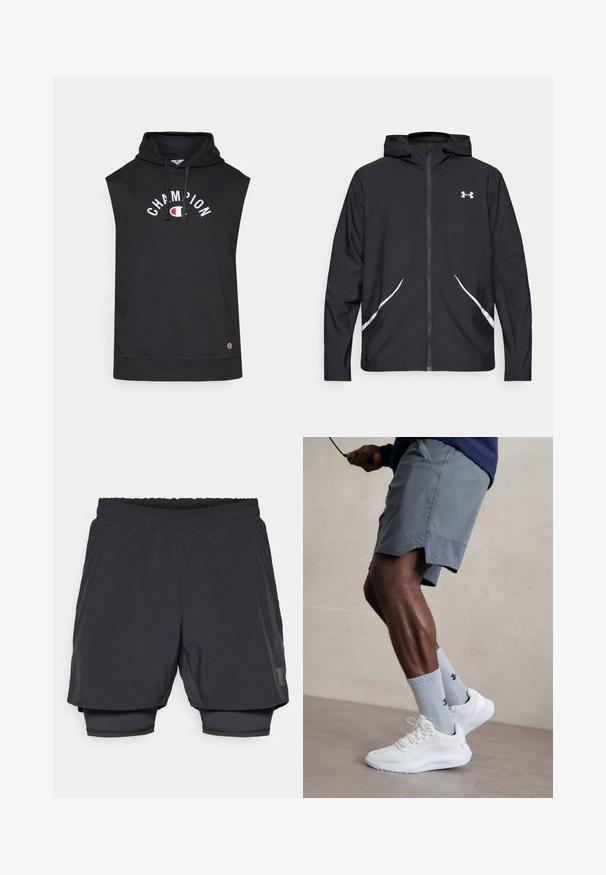 Crna jakna s kapuljačom na patentni zatvarač s bijelim detaljima i logotipom, s dugim rukavima i glatkom, mekanom teksturom tkanine.; Crni bezrukavnik s kapuljačom i prednjim džepom, s "CHAMPION" logotipom u bijelom tekstu. Izrađen od mekanog materijala s podesivom kapuljačom.; Crne atletske kratke hlače s elastičnim pojasom, slojevitim dizajnom i uskim unutrašnjim podstavom. Sadrže diskretnu oznaku na donjoj strani.; Bijele sportske tenisice s teksturiranim mrežastim gornjim dijelom, uparene s svijetlo plavim rebrastim čarapama s logotipom. Sive sportske šortse s perforiranim rubom.