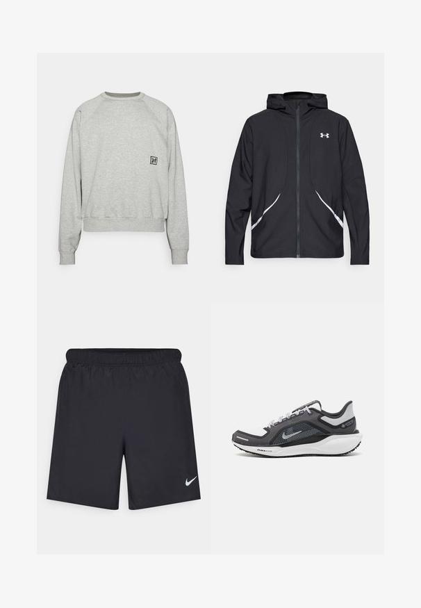 Casaco preto com capuz e fecho de correr, detalhes brancos e logótipo, apresentando mangas compridas e um tecido liso e elegante.; Sweatshirt cinza com gola redonda, punhos e barra canelados. Apresenta um pequeno logótipo bordado na frente. Tecido suave.; Calças de desporto pretas feitas de material leve com uma cintura elástica. Apresenta um pequeno logótipo branco da Nike no canto inferior esquerdo.; Sapatilha atlética preta e cinza com parte superior em malha, detalhes reflexivos e uma entressola branca. Apresenta uma sola de borracha texturizada e atacadores.